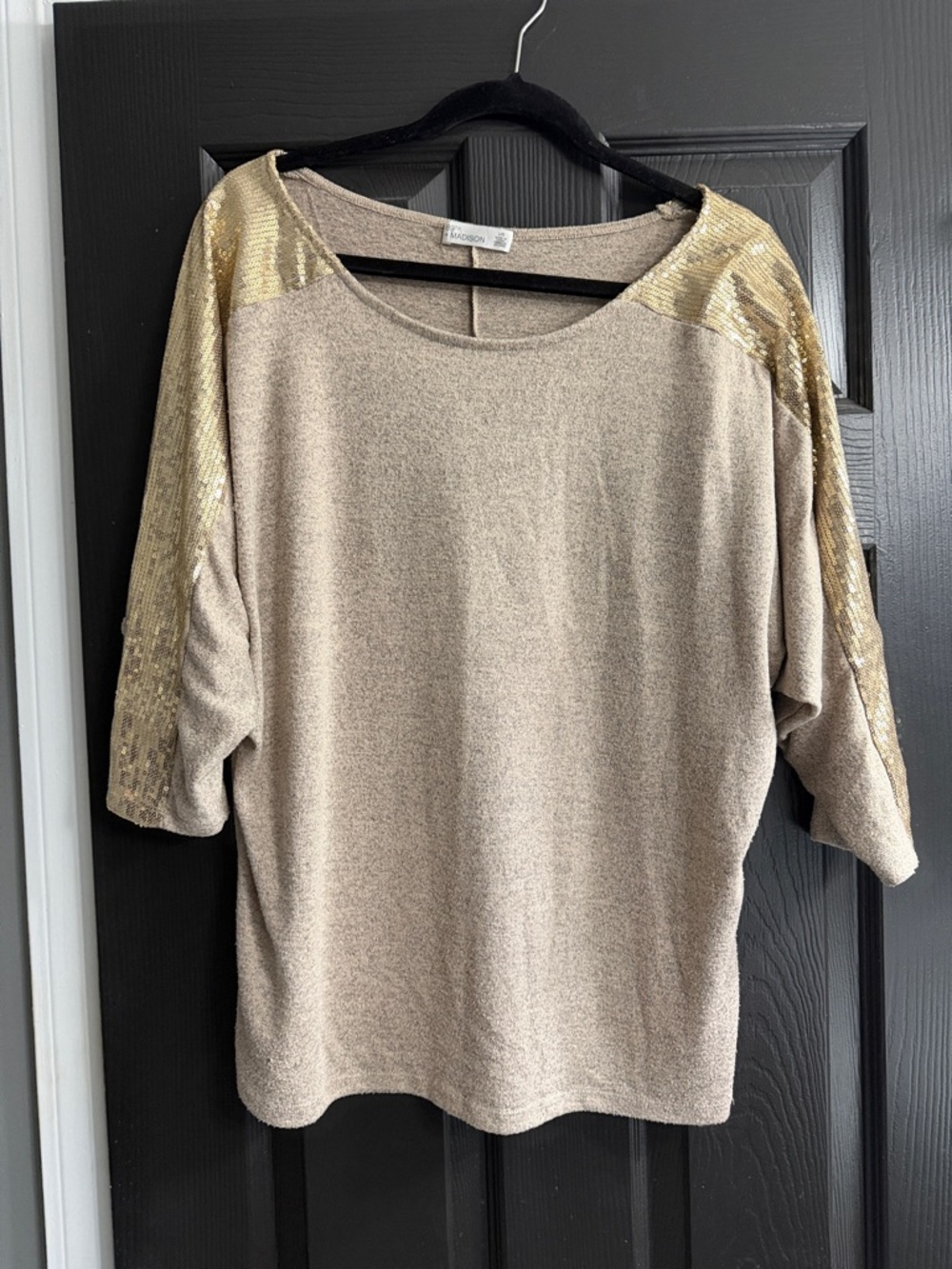 Caslon Taupe Knit Top with Gold Sequin Shoulder Panels